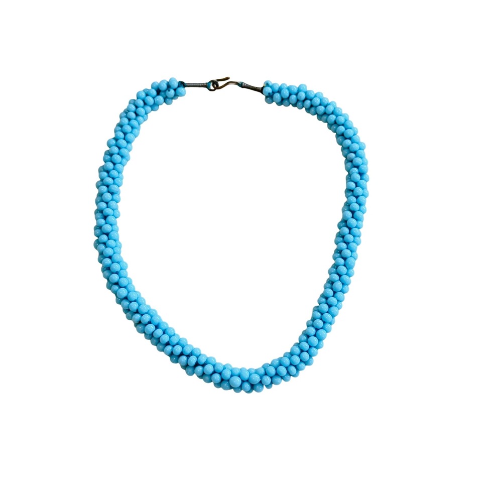 VTG Art Deco Czech Blue Woven Glass Necklace Choker Retro Regal Regency Beads